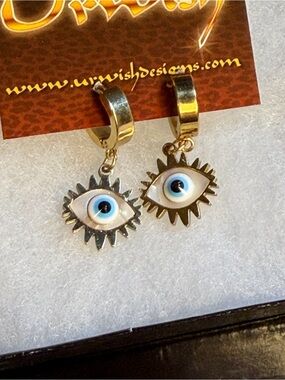 Evil Eye Sunburst Hoop Drop Earrings - Blue and Gold